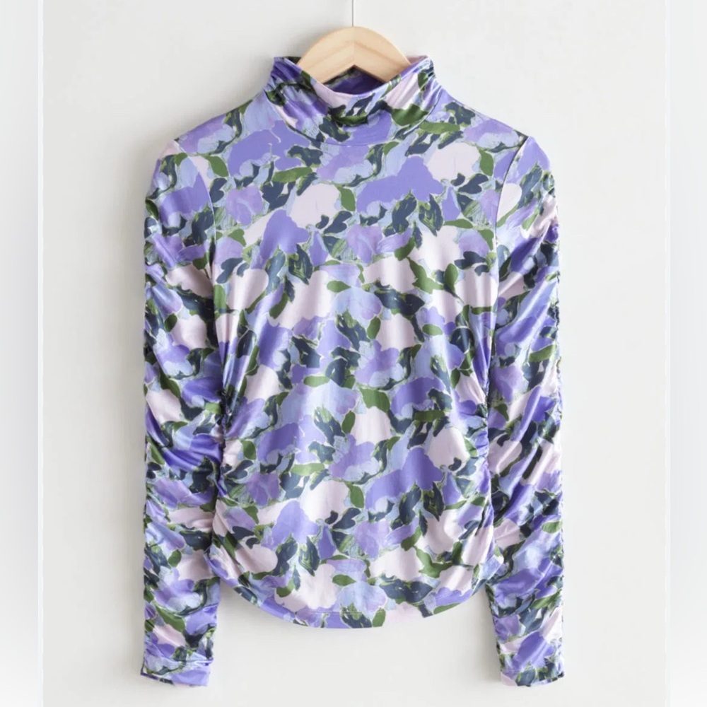 & Other Stories Long Ruched Sleeve Mock Neck Lilac Purple Floral Top
